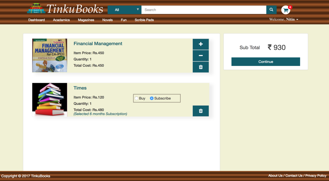 TinkuBooks shopping cart